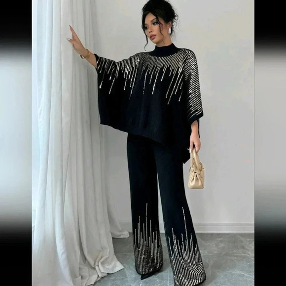 Women's Sequin Patchwork Batwing Sleeve Sweater And Knitted Pants Loose Suit - Picture 3 of 6